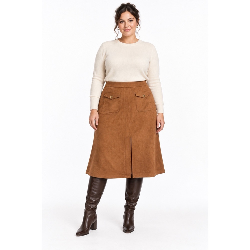 Brown Faux Suede Midi Skirt XL A-Line Western Boho Pockets Marc New York NWT
